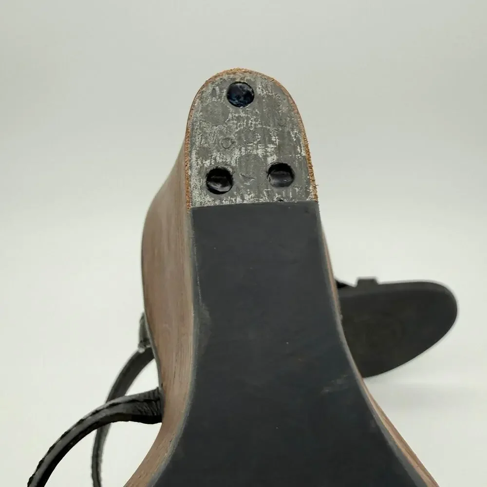 Tory Burch Leather Wedge Sandals Black Cutout Gold Studs Size 8M Summer Resort